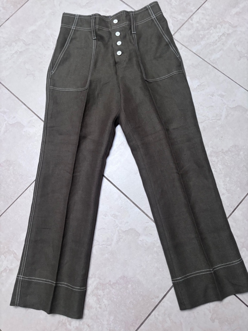 Point Sur Dark Olive Linen Pants with Contrast Stitching